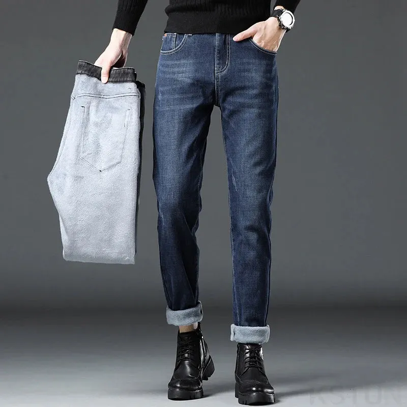 2024 Winter Jeans For Men Thicken Warmer Jeans Fleece Male Denim Pants Slim Straight Stretch Mens Desinger Clothing Trousers