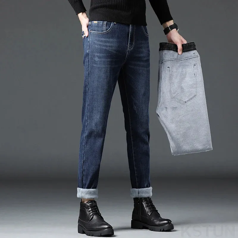 2024 Winter Jeans For Men Thicken Warmer Jeans Fleece Male Denim Pants Slim Straight Stretch Mens Desinger Clothing Trousers