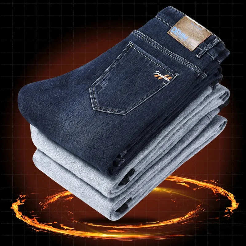 2024 Winter Jeans For Men Thicken Warmer Jeans Fleece Male Denim Pants Slim Straight Stretch Mens Desinger Clothing Trousers