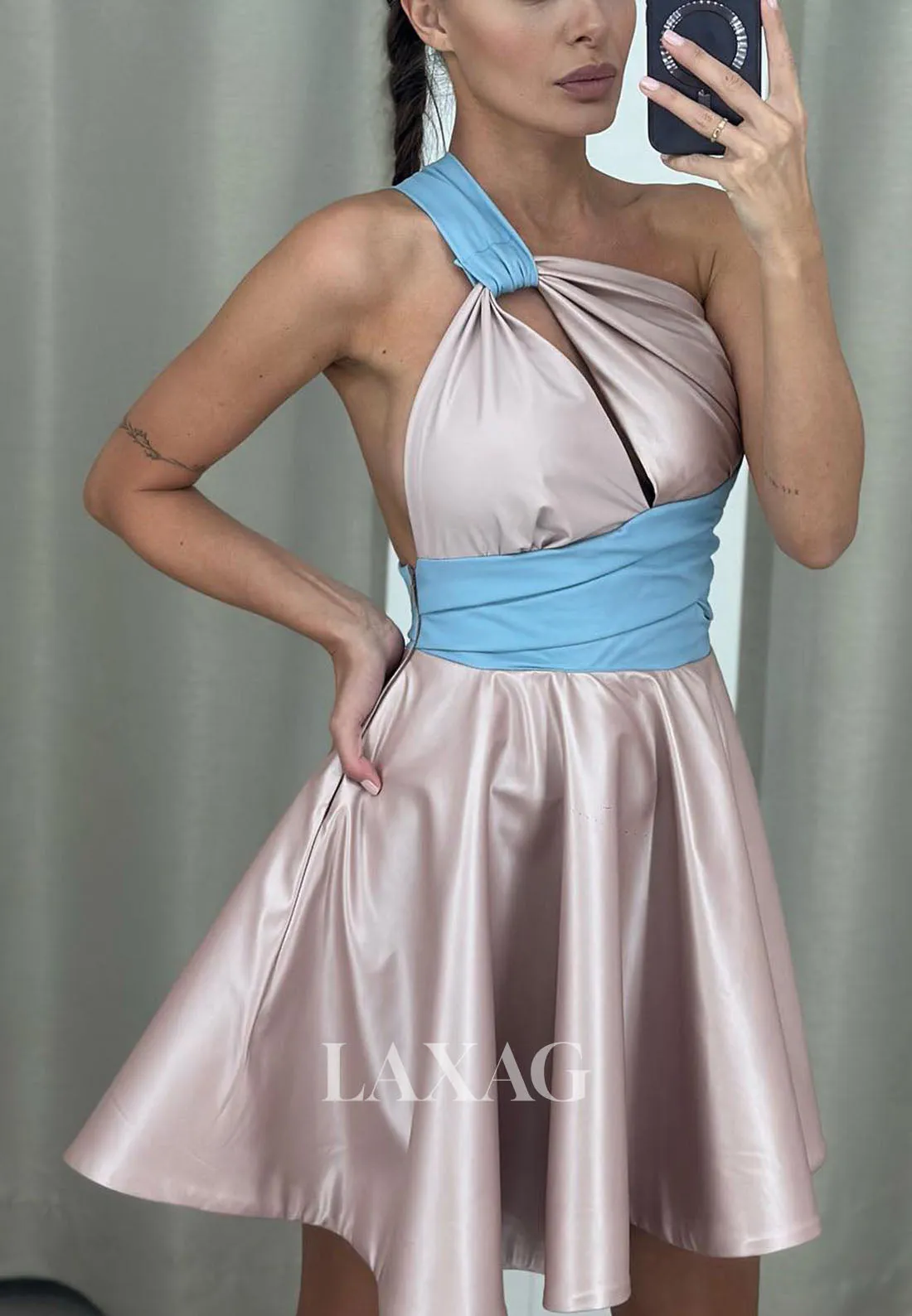 23131 - One Shouder Cutout Backless Paneled Party Homecoming Dress