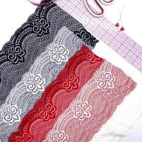 6 1/4" (16cm) Stretch Lace, Soft, High-Quality in White, Black, Ivory or Red- by the 1 yard