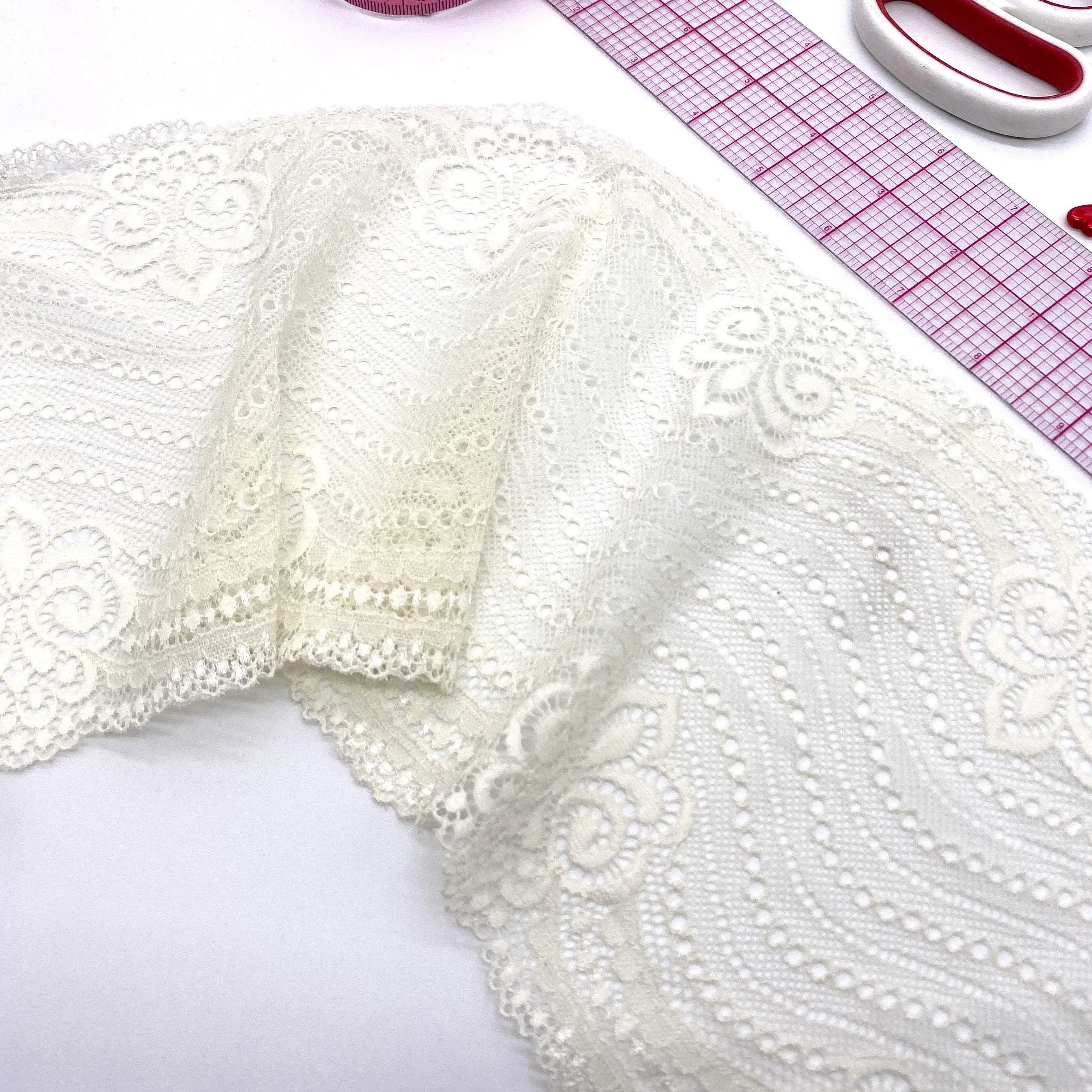 6 1/4" (16cm) Stretch Lace, Soft, High-Quality in White, Black, Ivory or Red- by the 1 yard