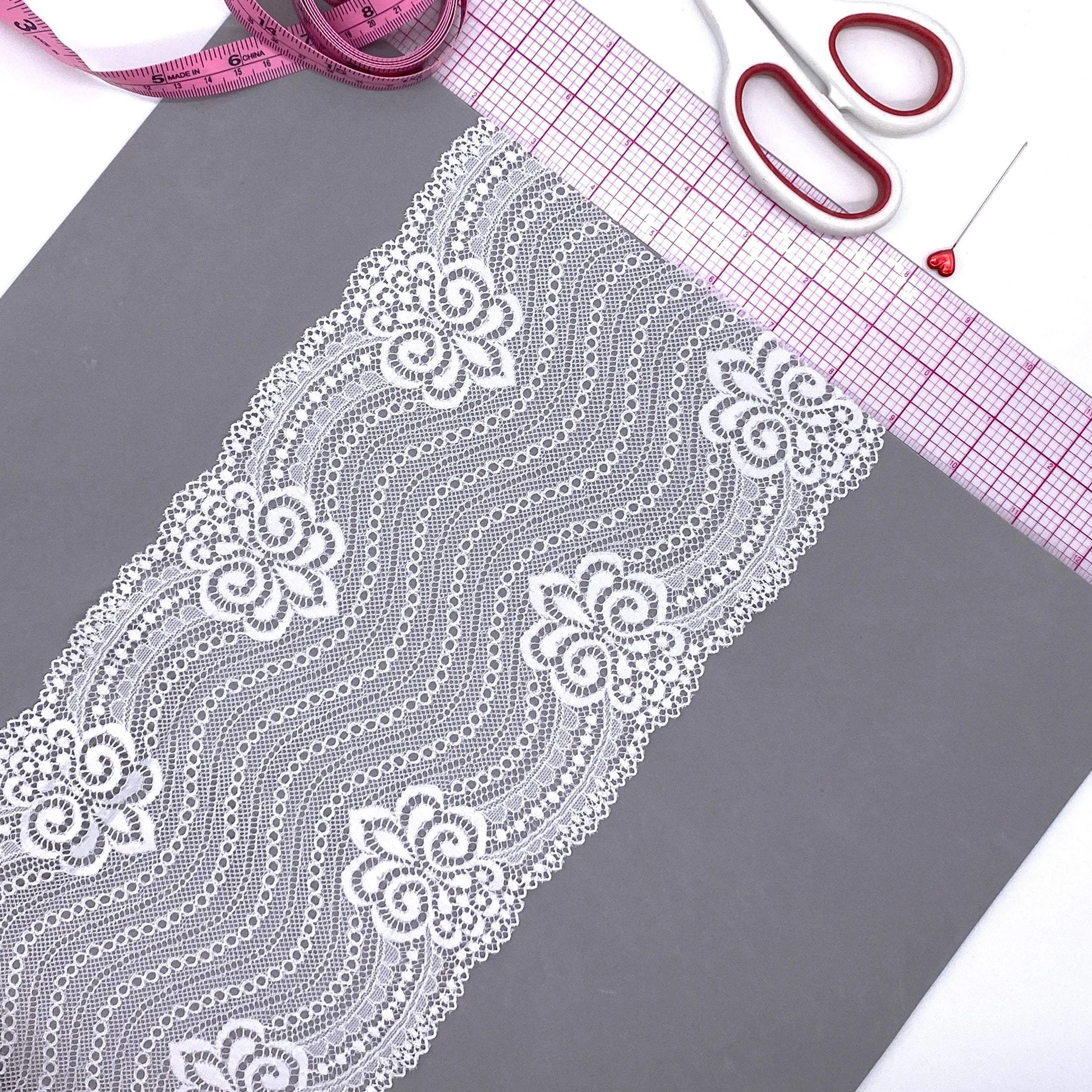 6 1/4" (16cm) Stretch Lace, Soft, High-Quality in White, Black, Ivory or Red- by the 1 yard