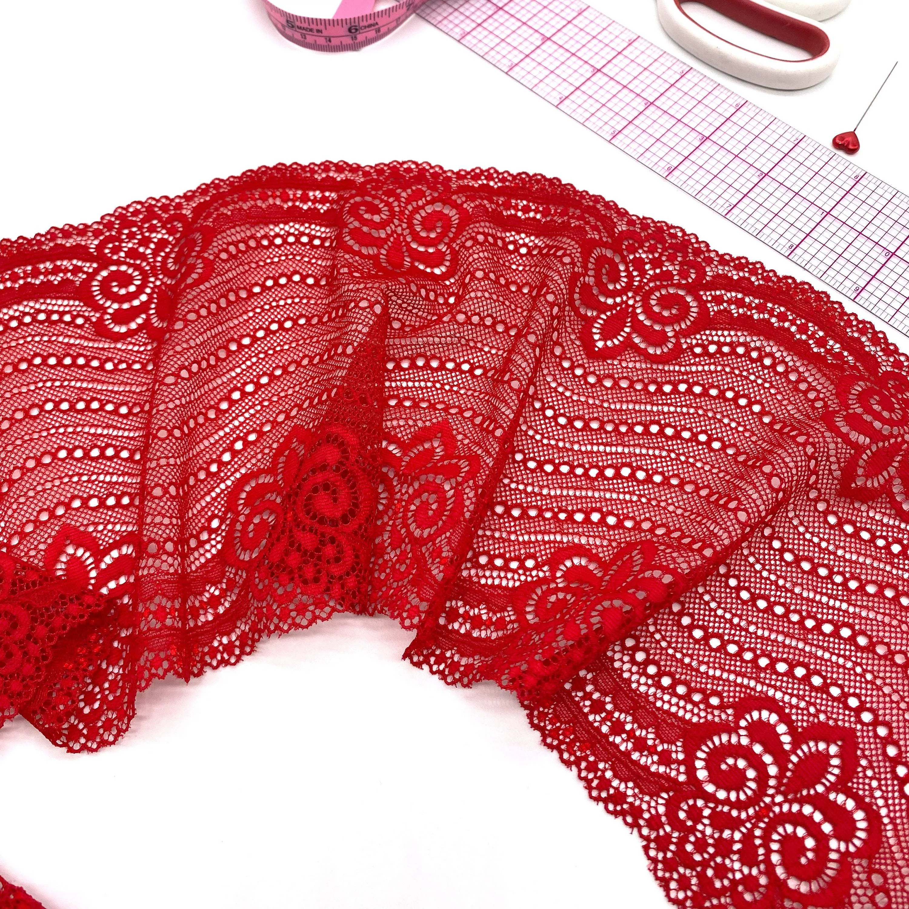 6 1/4" (16cm) Stretch Lace, Soft, High-Quality in White, Black, Ivory or Red- by the 1 yard