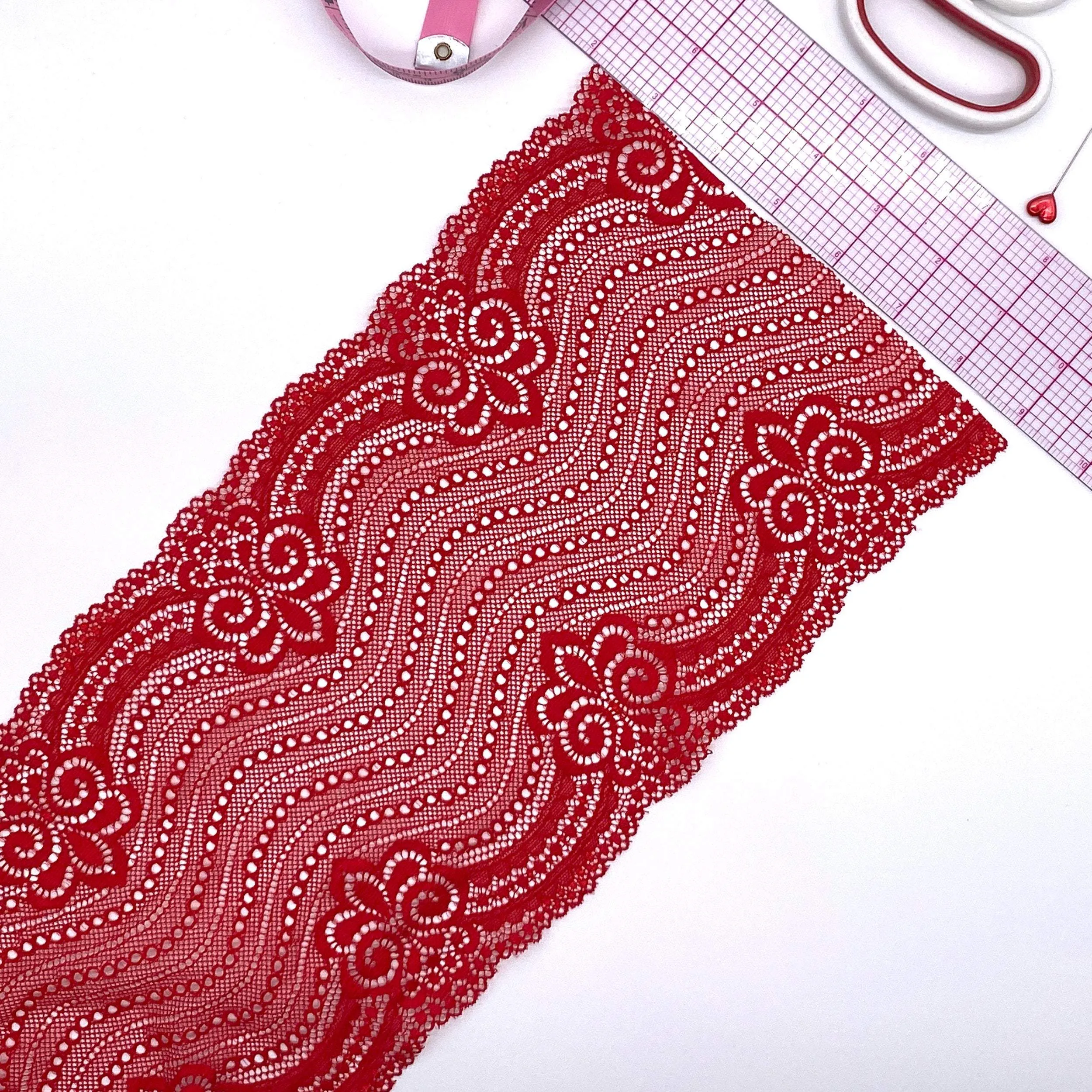 6 1/4" (16cm) Stretch Lace, Soft, High-Quality in White, Black, Ivory or Red- by the 1 yard
