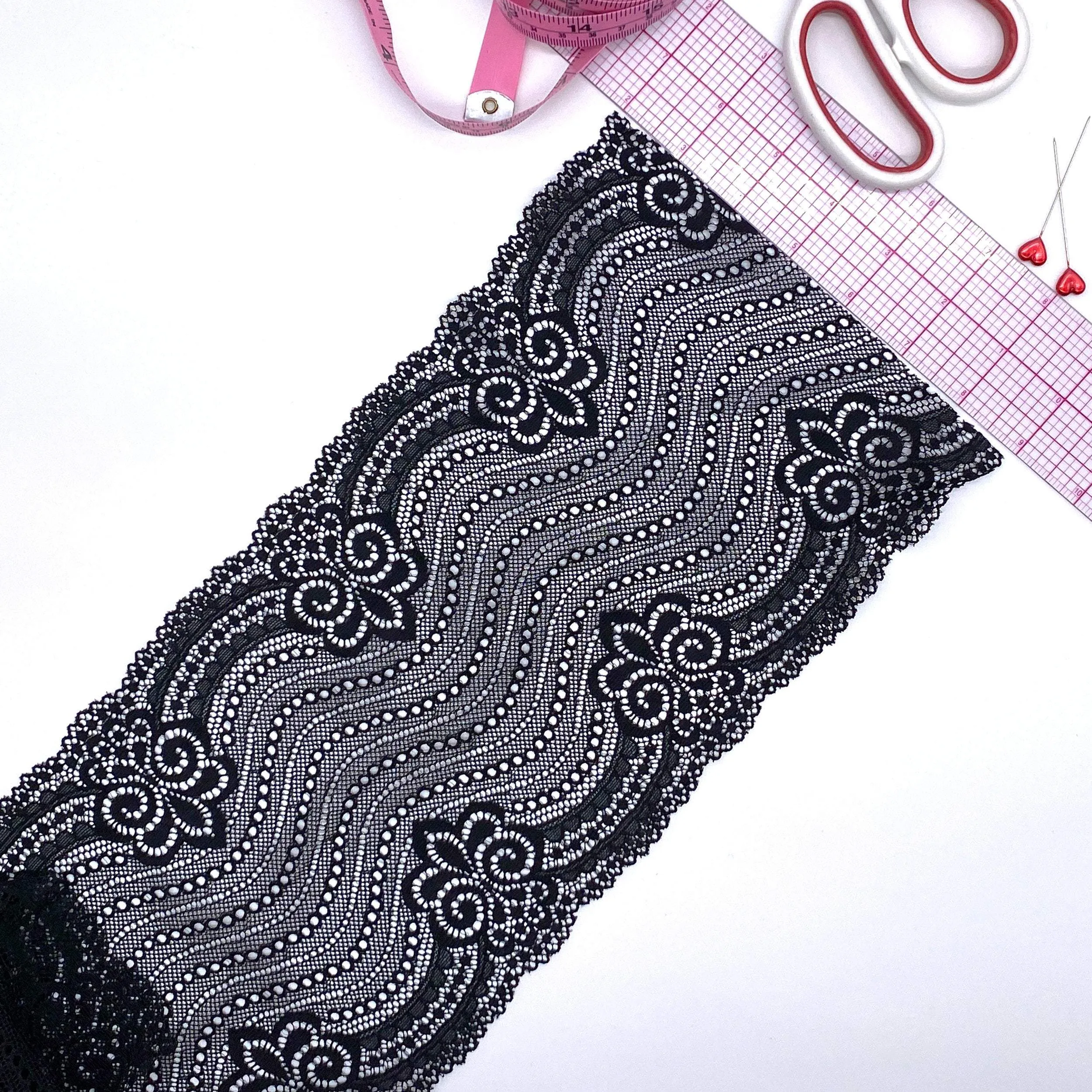 6 1/4" (16cm) Stretch Lace, Soft, High-Quality in White, Black, Ivory or Red- by the 1 yard