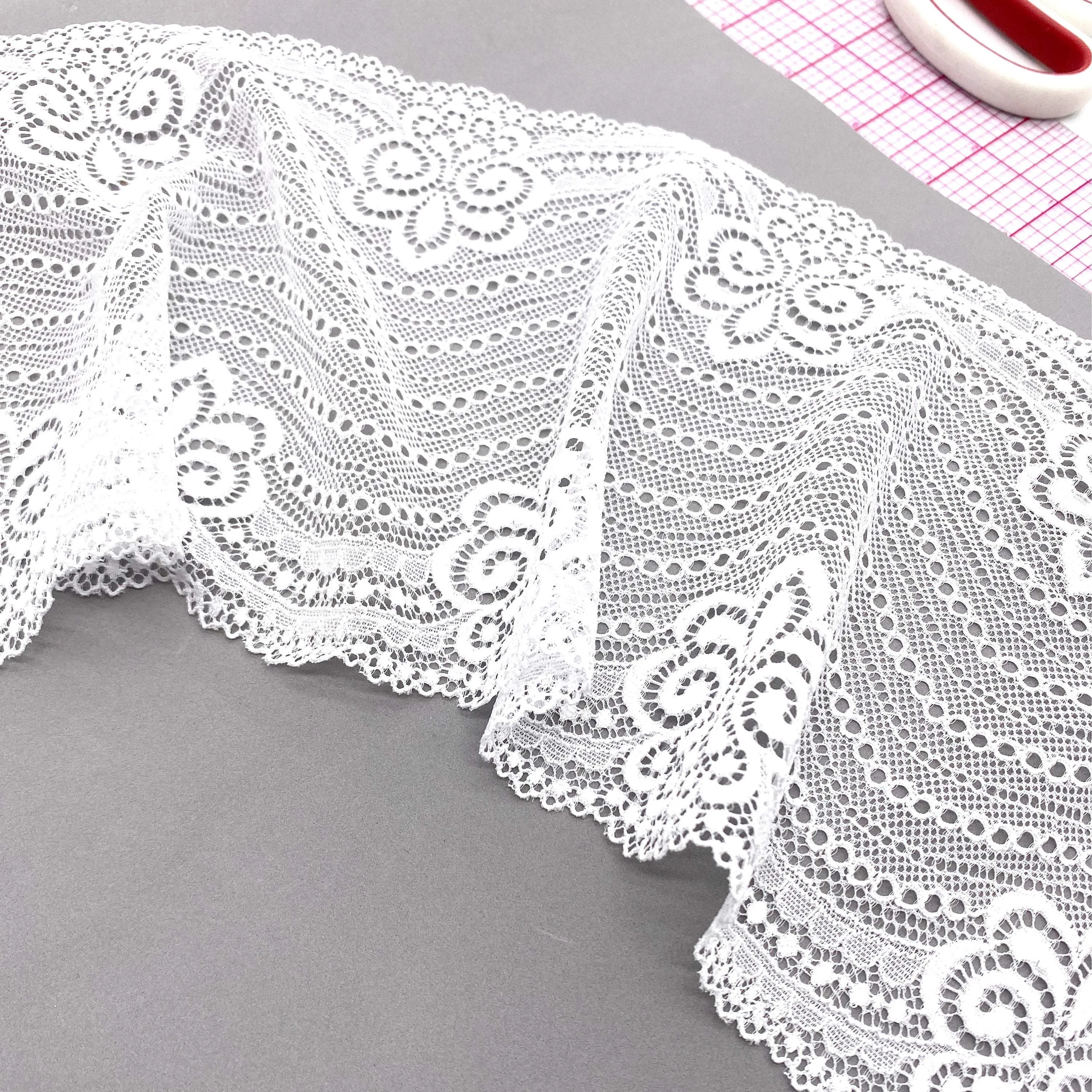 6 1/4" (16cm) Stretch Lace, Soft, High-Quality in White, Black, Ivory or Red- by the 1 yard