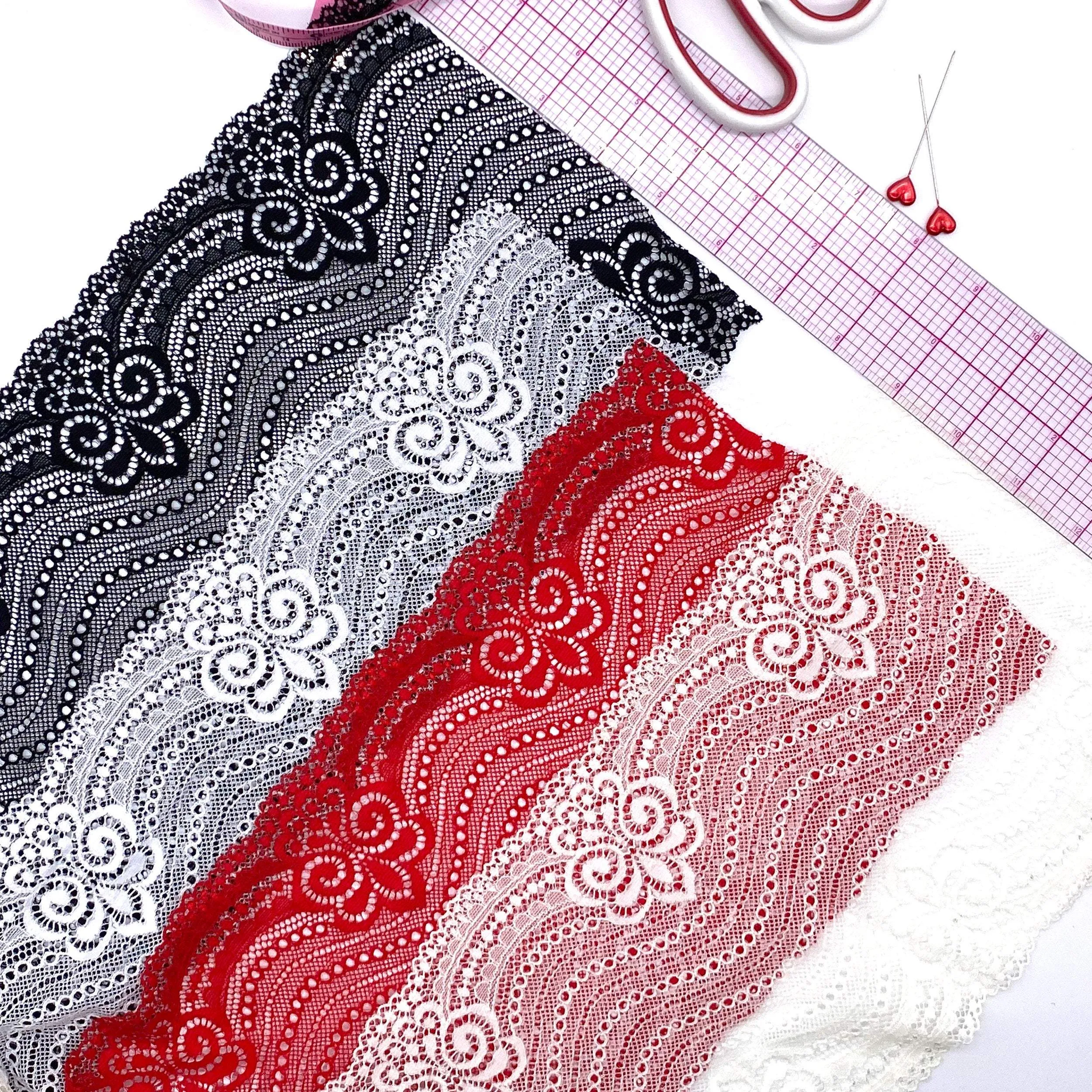 6 1/4" (16cm) Stretch Lace, Soft, High-Quality in White, Black, Ivory or Red- by the 1 yard