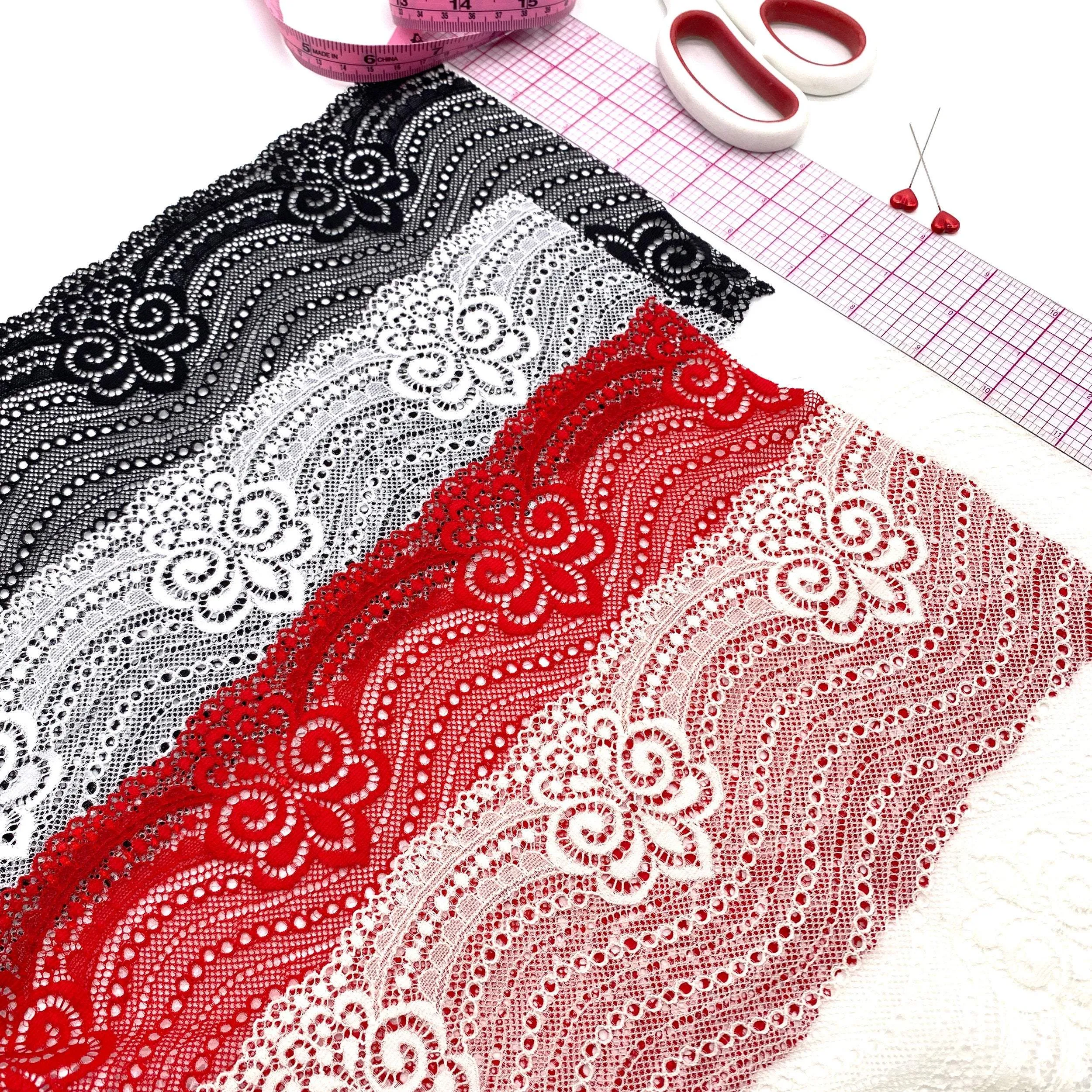 6 1/4" (16cm) Stretch Lace, Soft, High-Quality in White, Black, Ivory or Red- by the 1 yard
