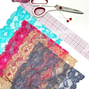 9" (23cm) Stretch Lace, Soft, High Quality in Beige, Pink, Turquoise and Gray- by the 1 yard
