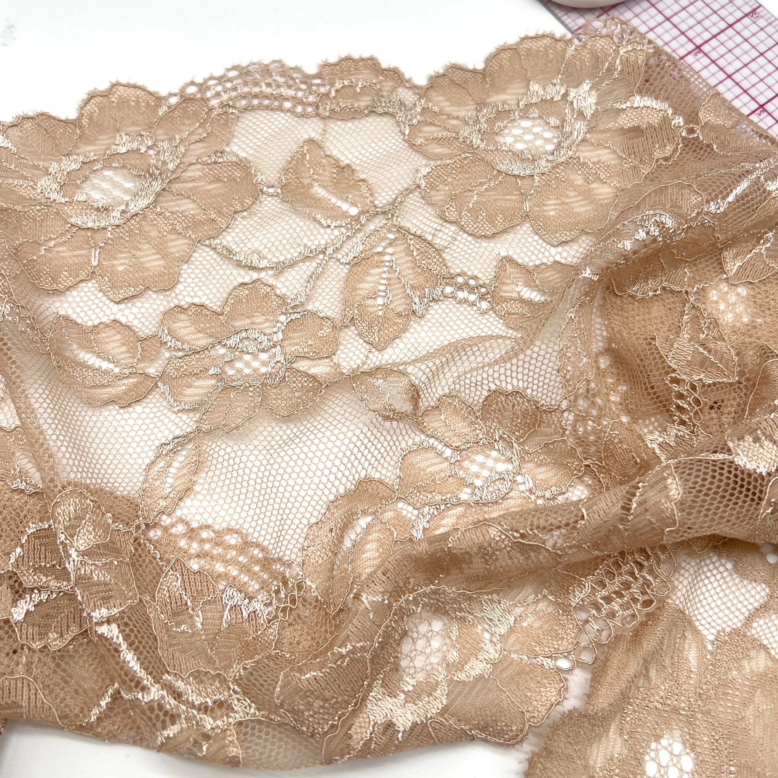 9" (23cm) Stretch Lace, Soft, High Quality in Beige, Pink, Turquoise and Gray- by the 1 yard