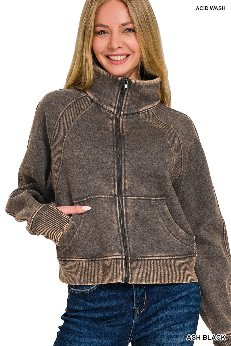 Ash Black Acid Wash Zip Up Fleece Jacket
