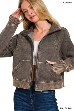 Ash Black Acid Wash Zip Up Fleece Jacket
