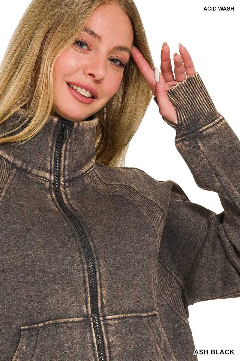 Ash Black Acid Wash Zip Up Fleece Jacket