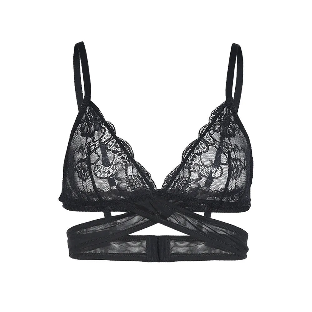 Black Soft Lace Bralette With Cross Straps