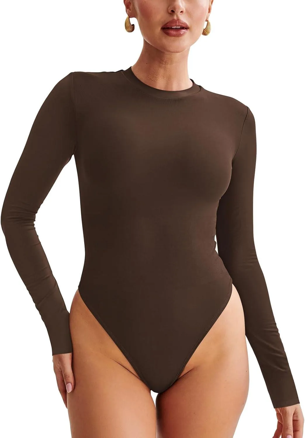Crewneck Long Sleeve Tummy Control Thong Bodysuit Tops