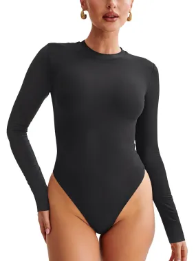 Crewneck Long Sleeve Tummy Control Thong Bodysuit Tops