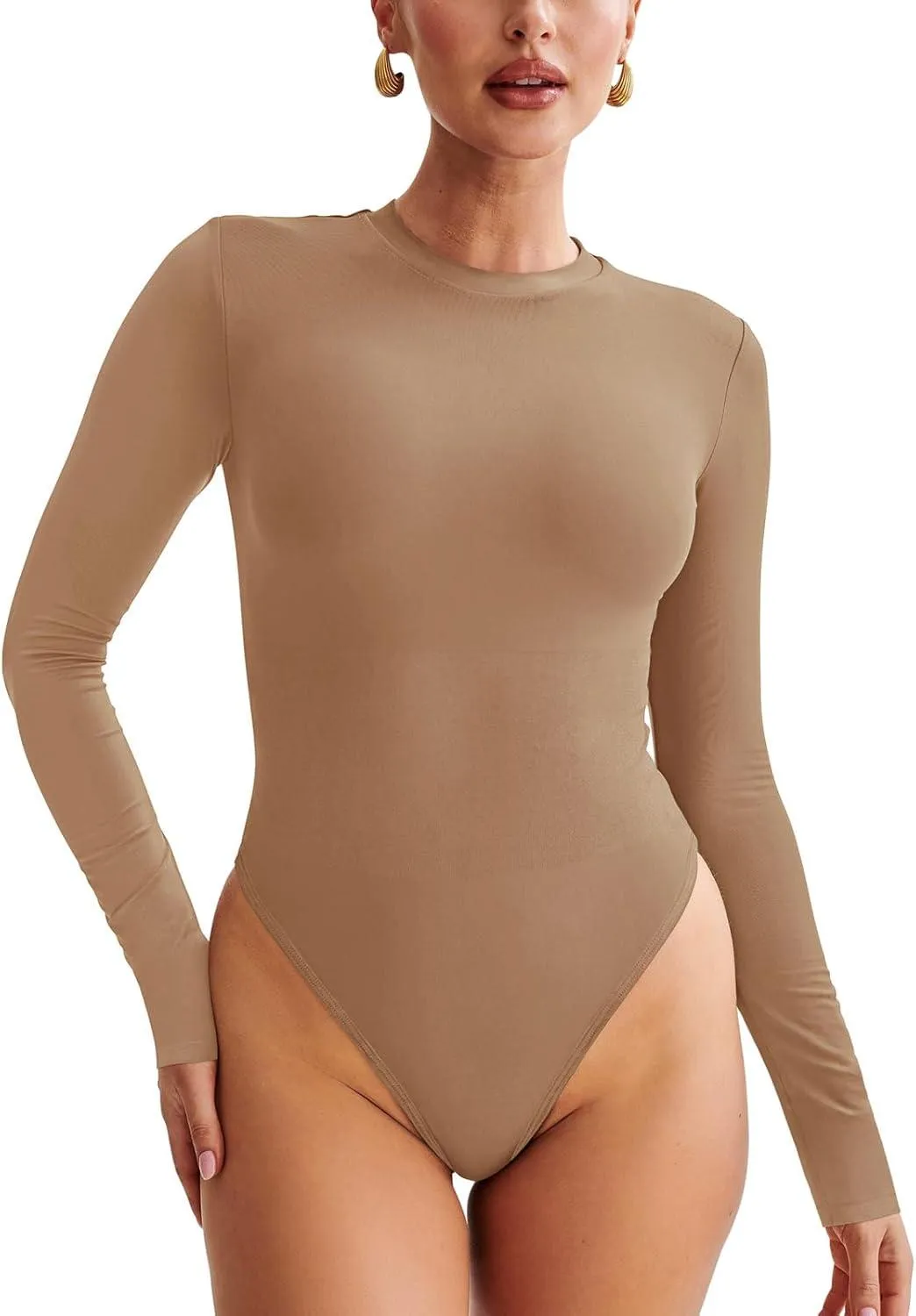 Crewneck Long Sleeve Tummy Control Thong Bodysuit Tops