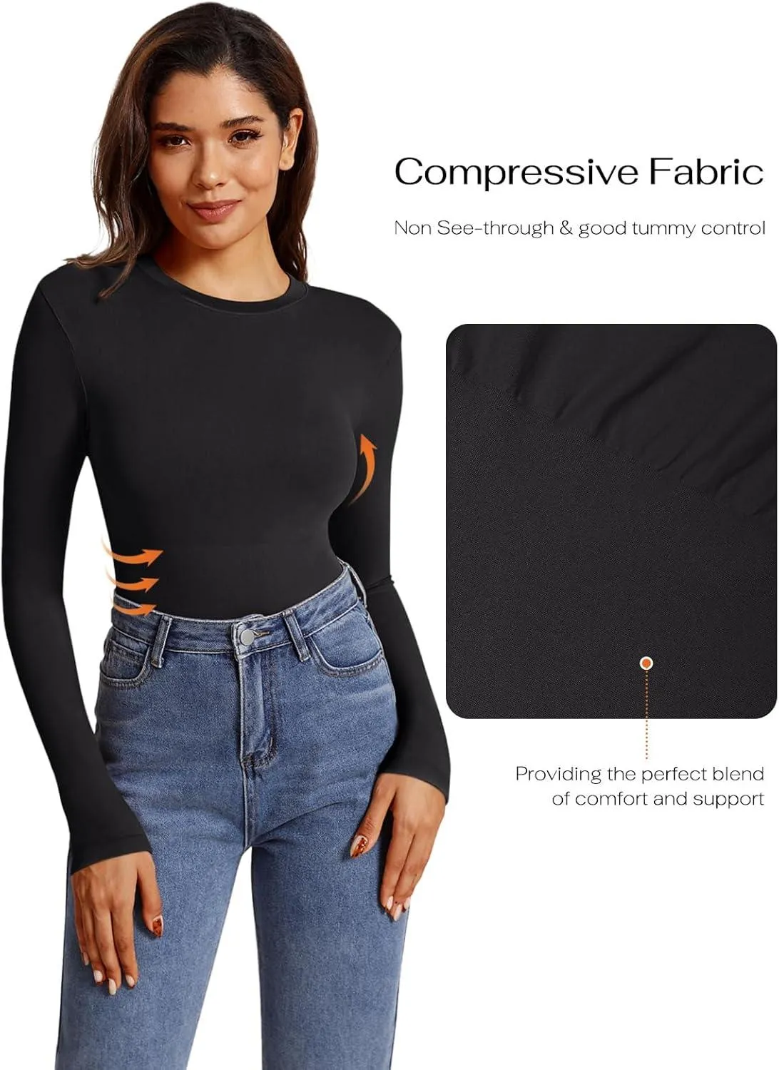 Crewneck Long Sleeve Tummy Control Thong Bodysuit Tops