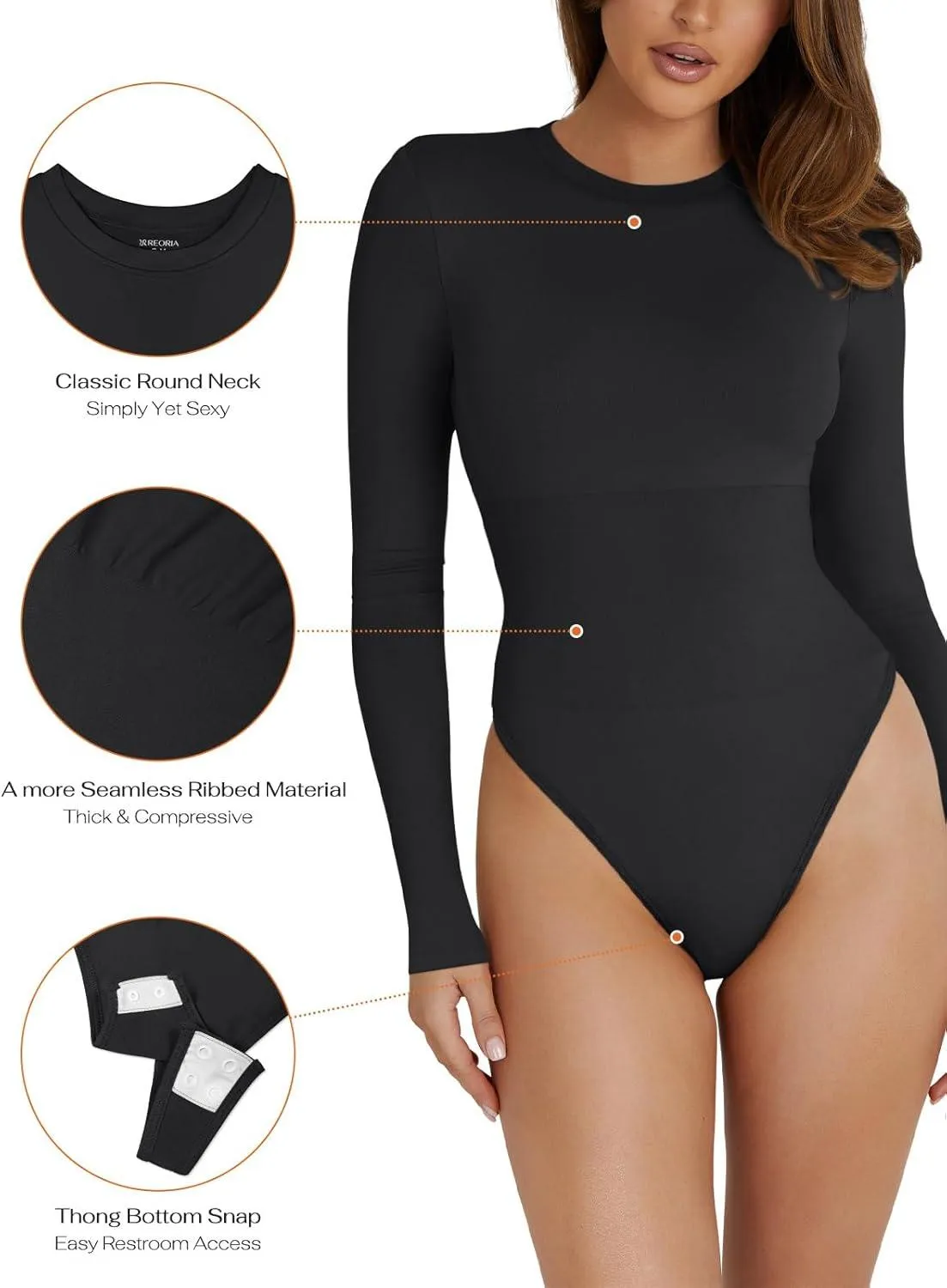 Crewneck Long Sleeve Tummy Control Thong Bodysuit Tops