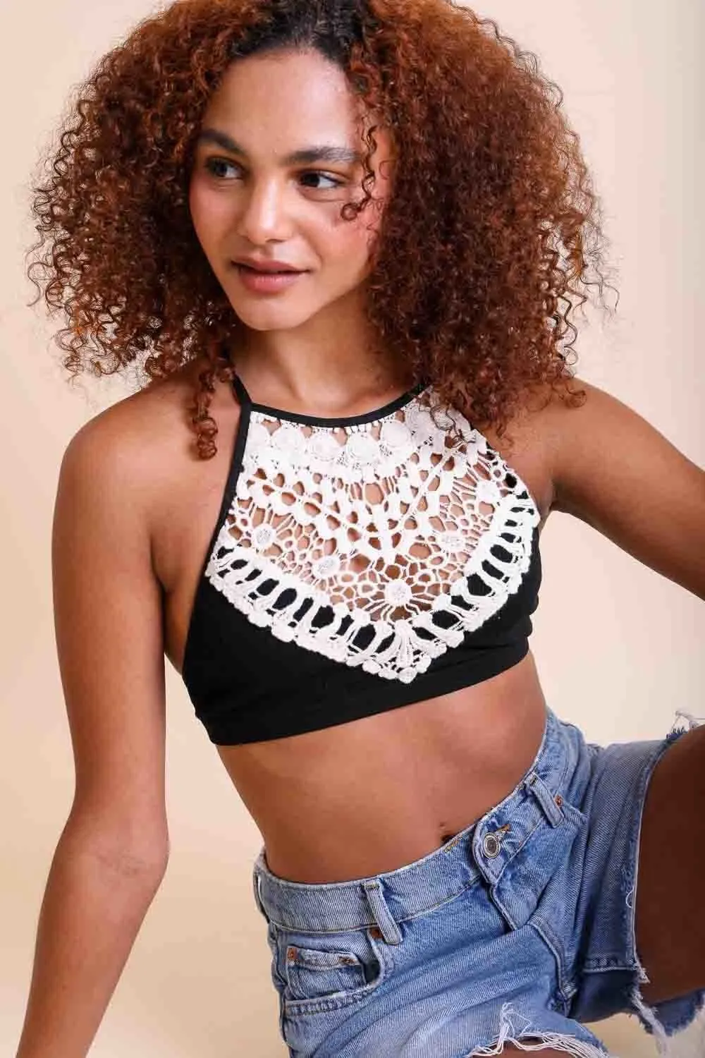 Crochet Lace High Neck Bralette – Halter Style with Cross-Back