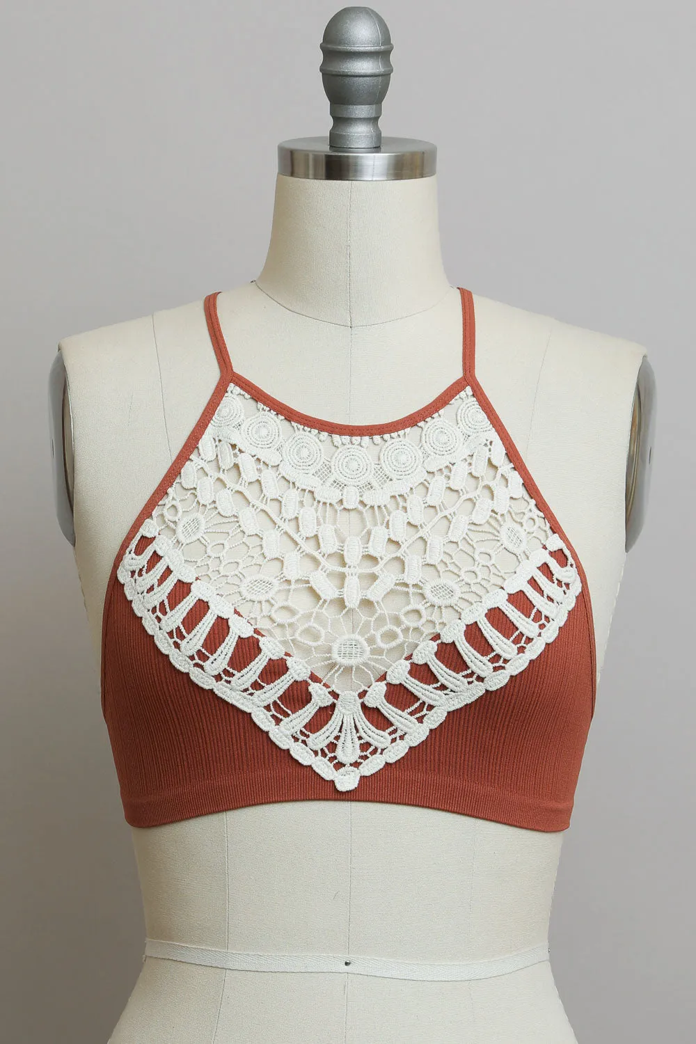 Crochet Lace High Neck Bralette – Halter Style with Cross-Back