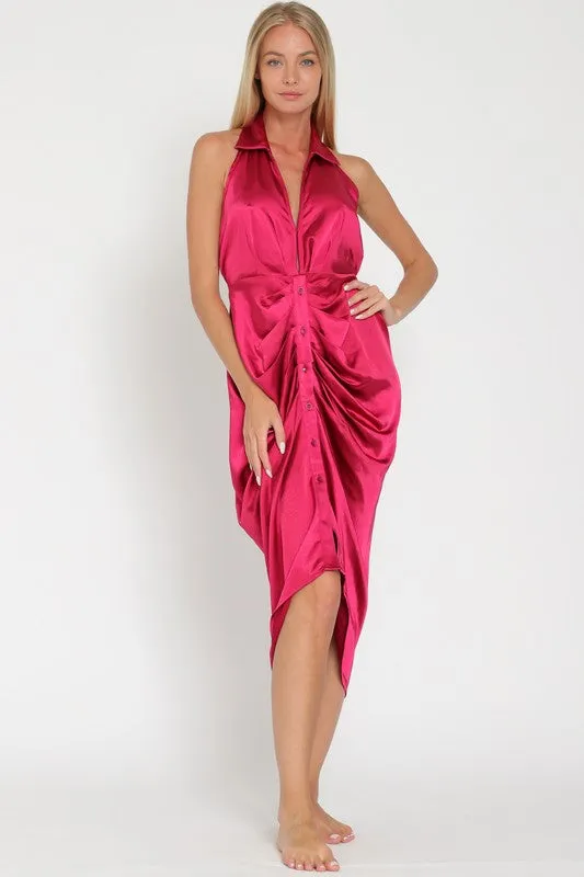 Dark Red Halter Backless Belted Button Down Midi Dress