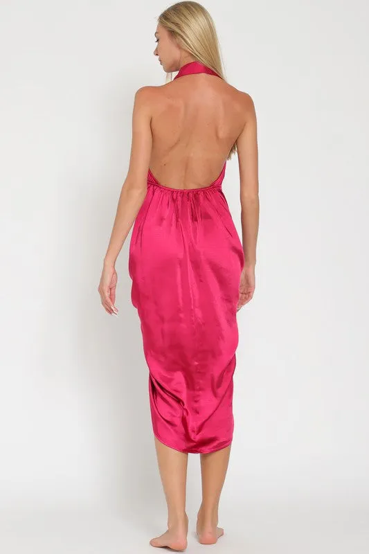 Dark Red Halter Backless Belted Button Down Midi Dress