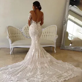 Elegant Sweetheart Long Sleeves Lace Appliques Backless Mermaid Wedding Dress