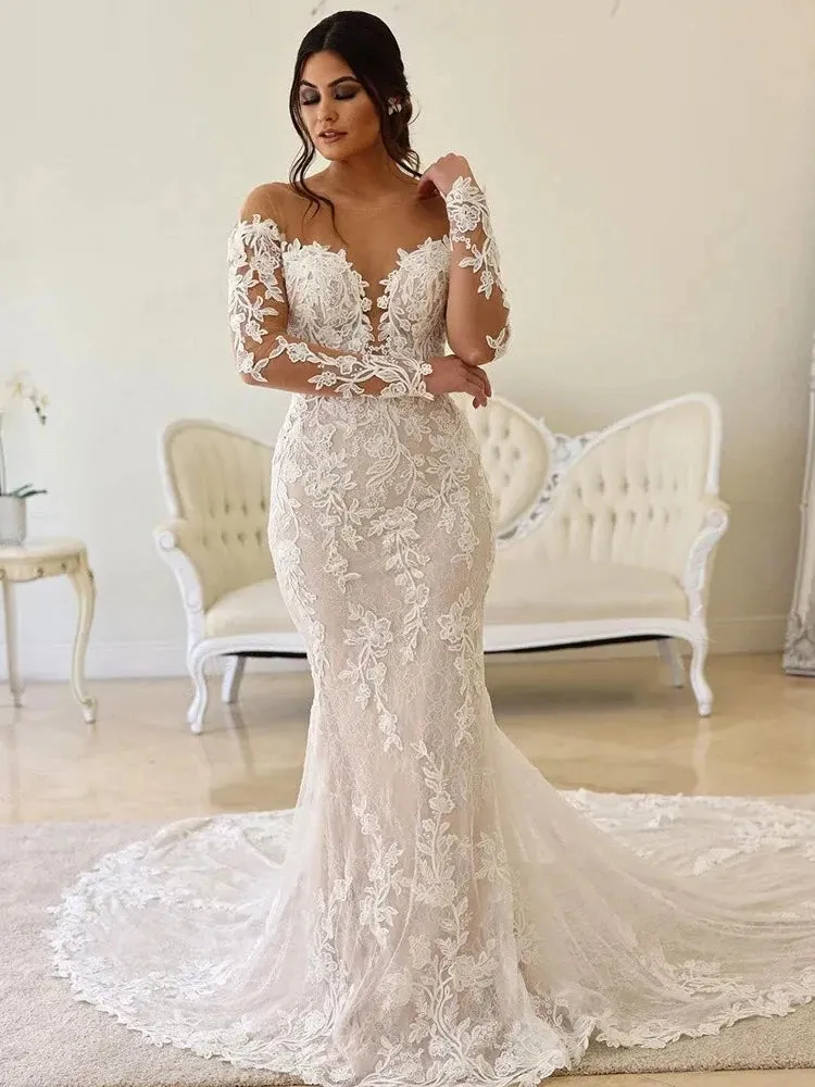 Elegant Sweetheart Long Sleeves Lace Appliques Backless Mermaid Wedding Dress
