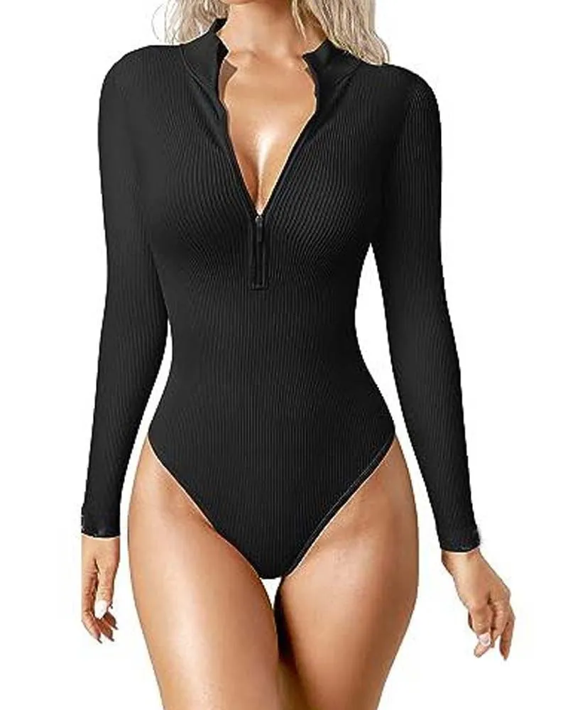 Fashion Long Sleeve Zipper Front Sexy Ribbed Tights