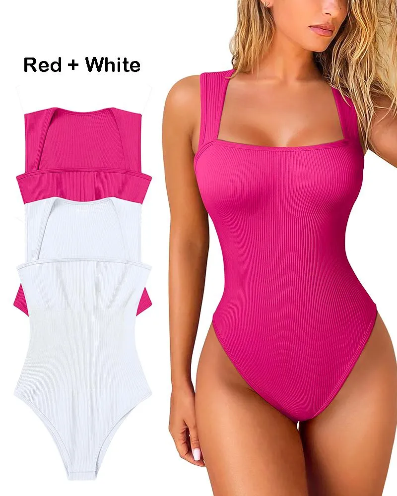 Fashion Sexy Ribbed Strappy Square Neck Sleeveless Bodysuits