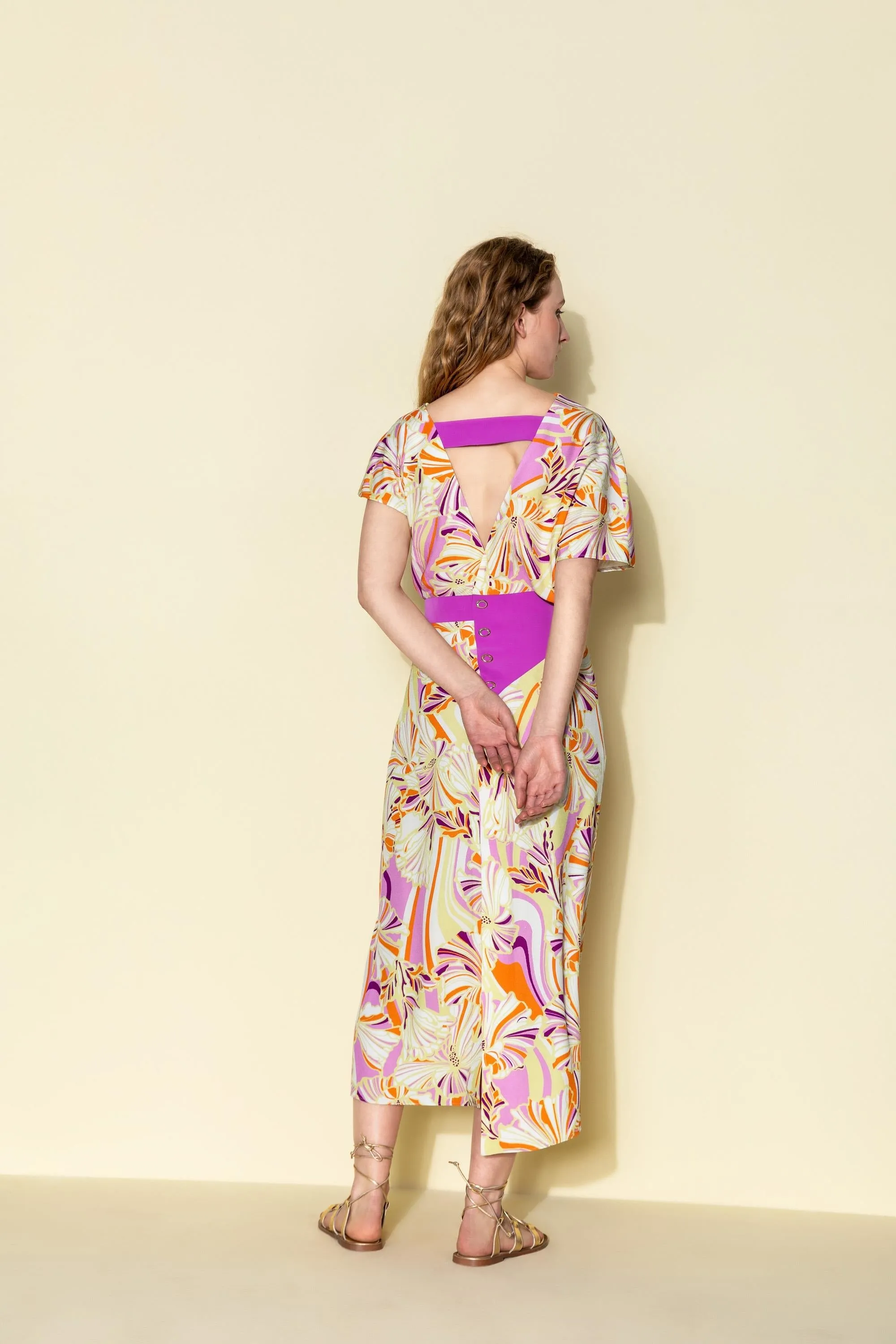 Floral Patterned Backless Long Dress Molded Multicolor