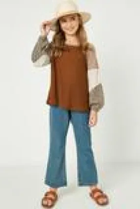 Girls Contrast Woven Sleeve Top