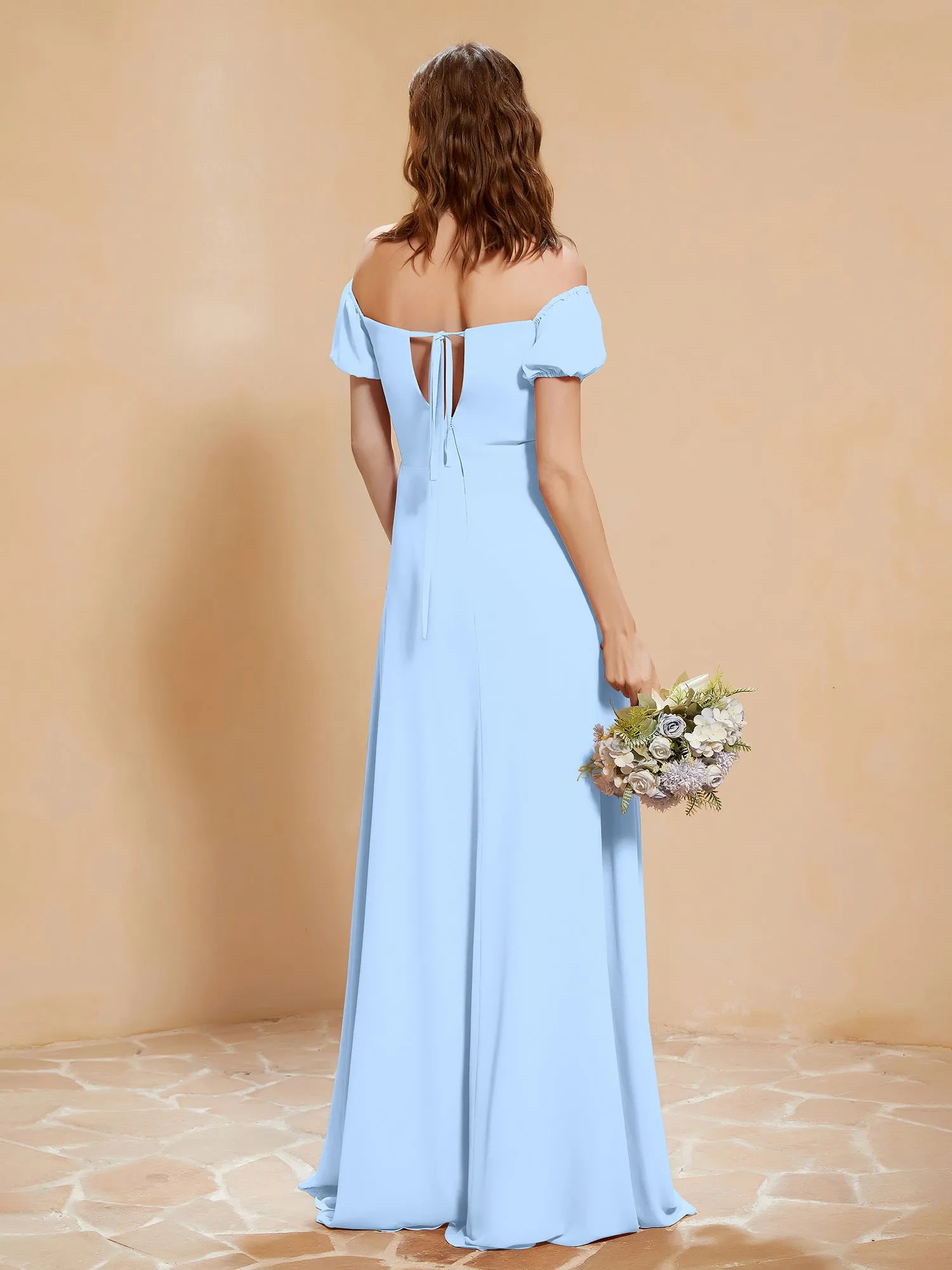 Half Sleeve Backless A-line Chiffon Dress Sky Blue Plus Size