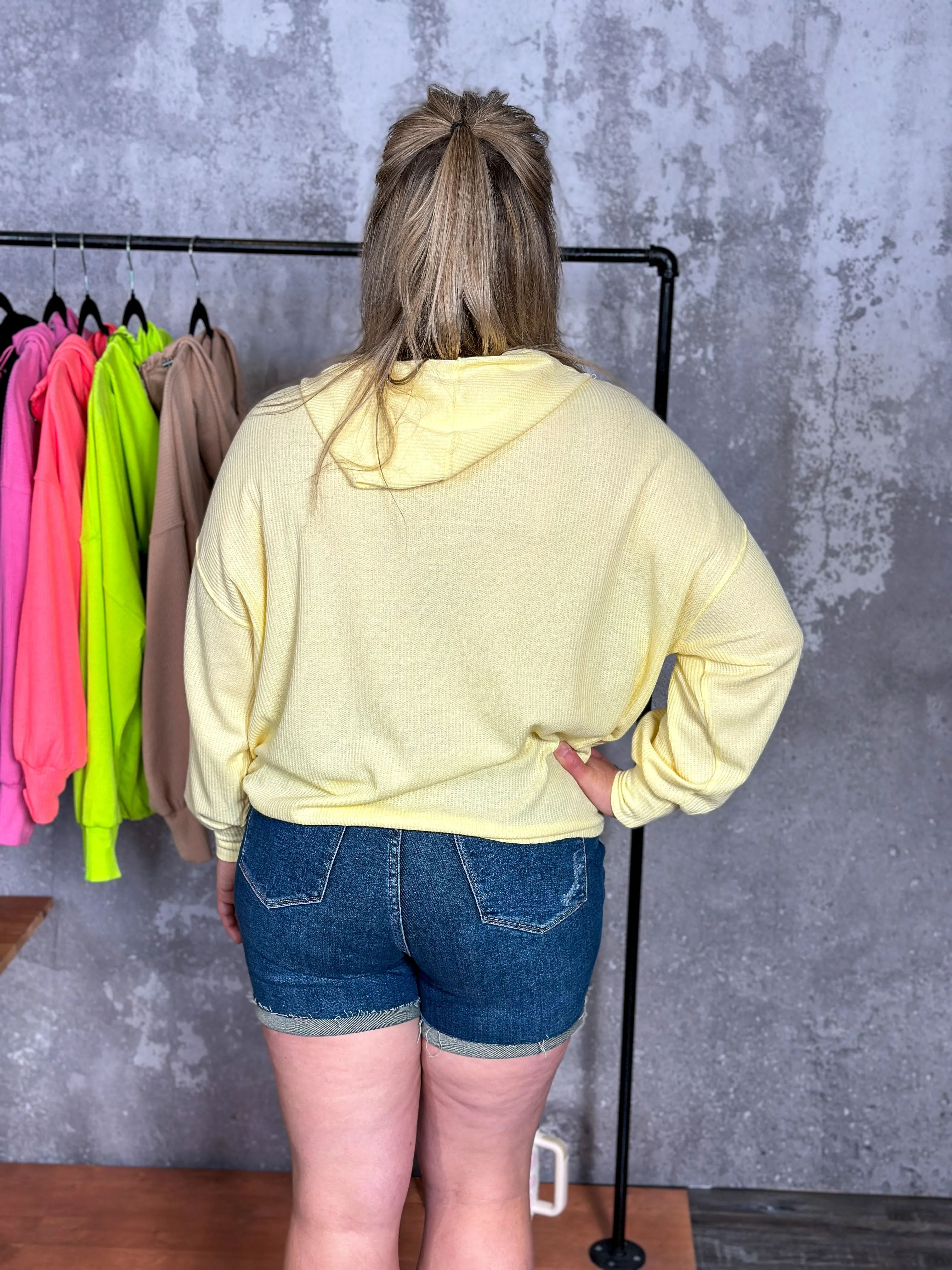 Lightweight Waffle Bomber Sweatshirt with Hood - Lemon - FINAL SALE