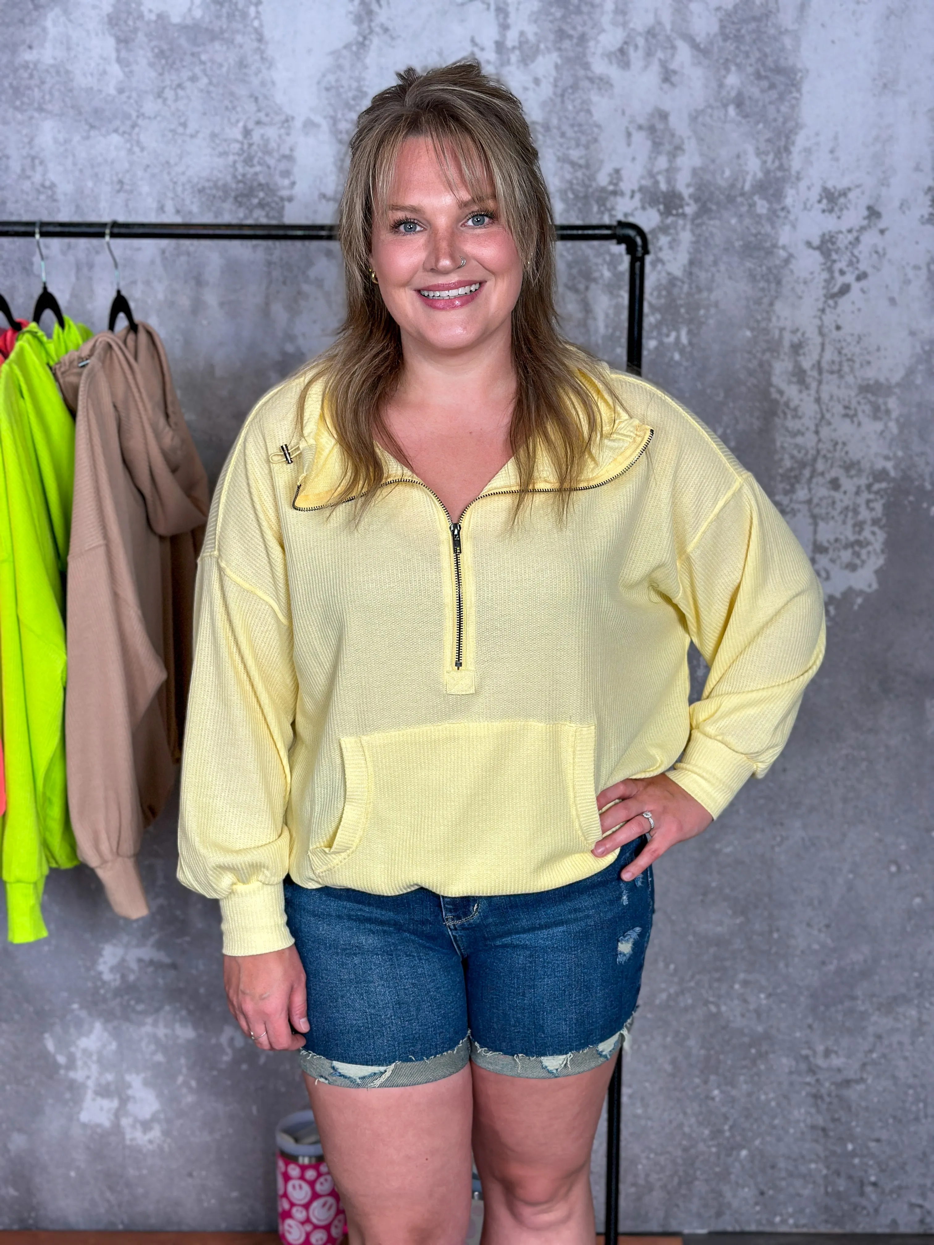 Lightweight Waffle Bomber Sweatshirt with Hood - Lemon - FINAL SALE