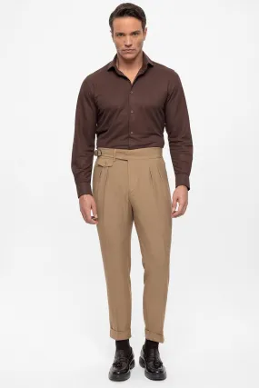 Men's Camel High Waist (Boyfriend) Pleated Fabric Trousers With Buckle Belt - Wessi