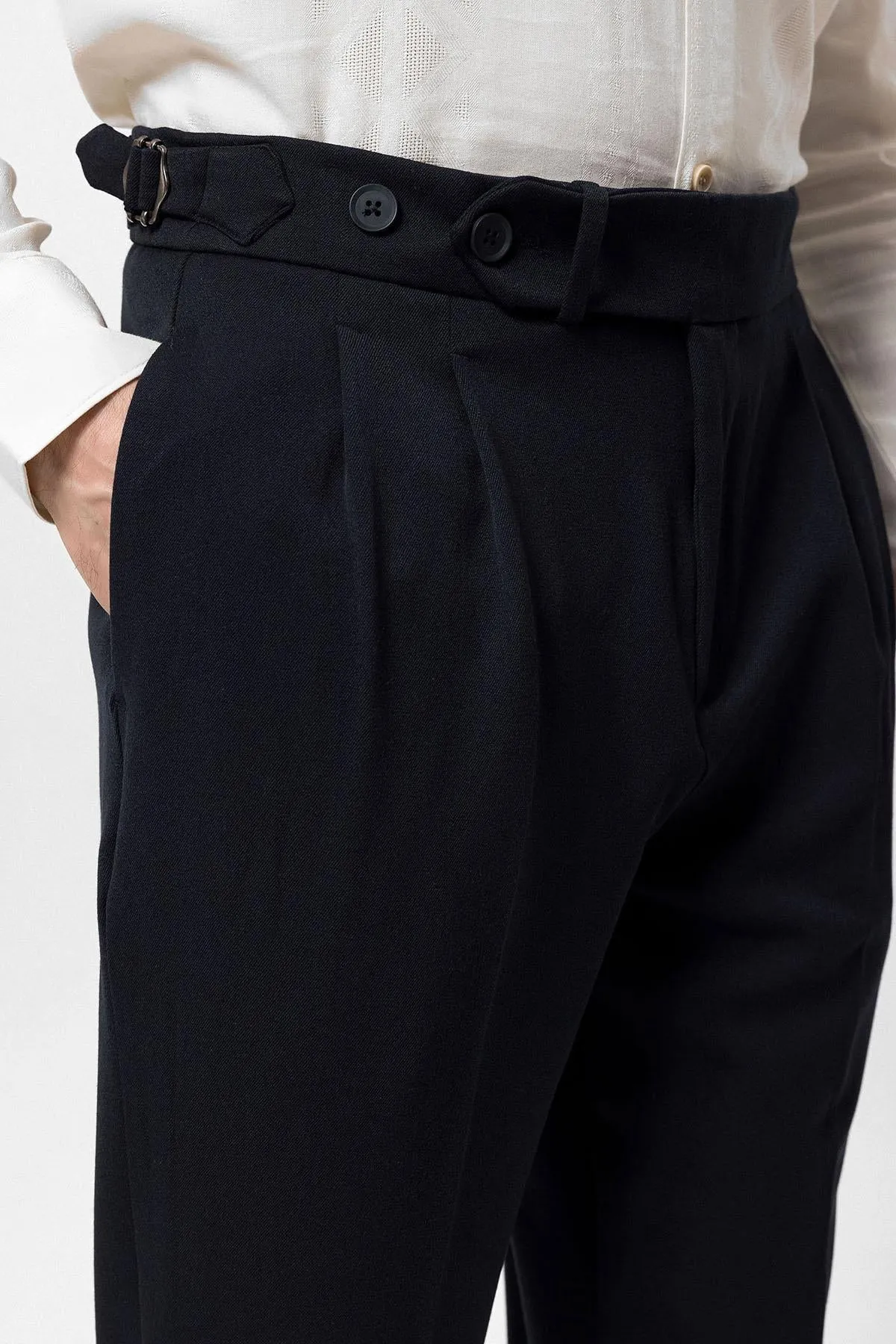 Men's Navy Blue High Waist Pleated Carrot Fit  Trousers - Wessi