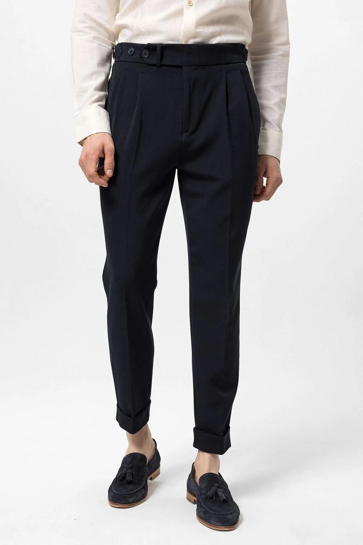 Men's Navy Blue High Waist Pleated Carrot Fit  Trousers - Wessi