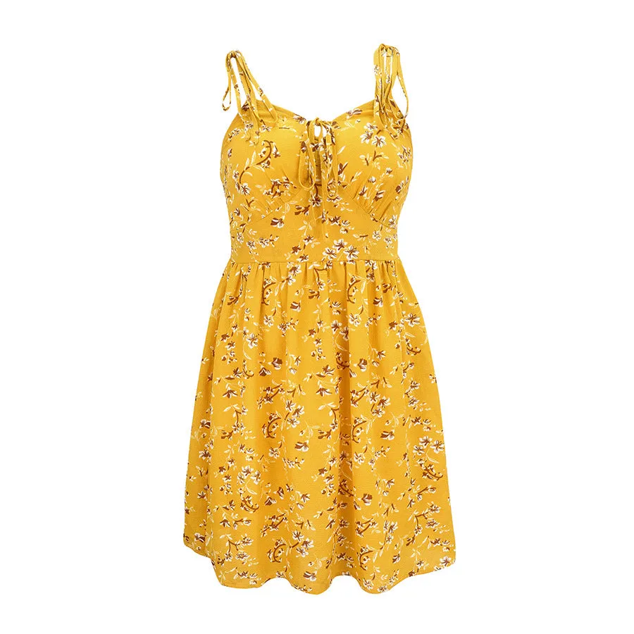 MINI FLORAL SPAGHETTI  STRAP YELLOW DRESS