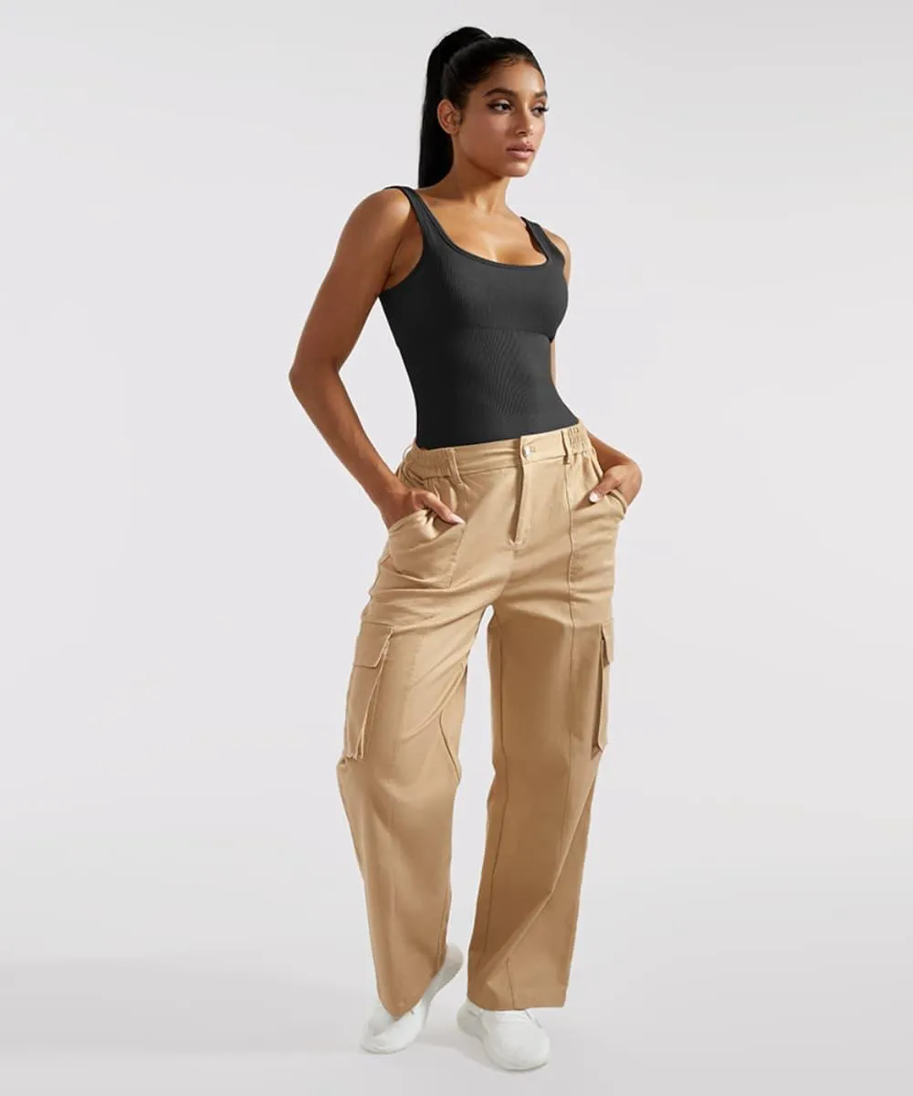 Ribbed Tummy Control Solid Color Sleeveless Seamless Bodysuit