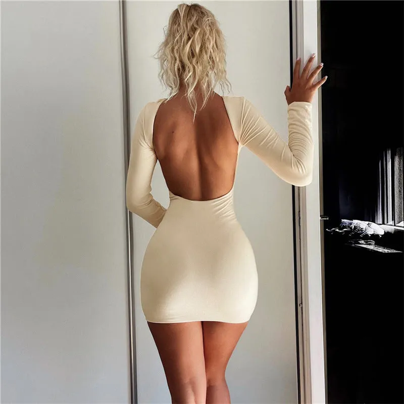 Sexy Backless Long Sleeve Solid Color Bodycon Dress