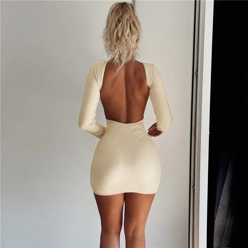 Sexy Backless Long Sleeve Solid Color Bodycon Dress