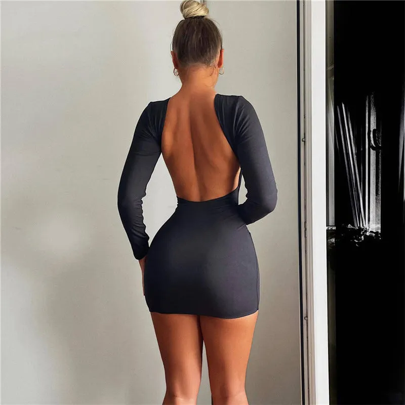 Sexy Backless Long Sleeve Solid Color Bodycon Dress
