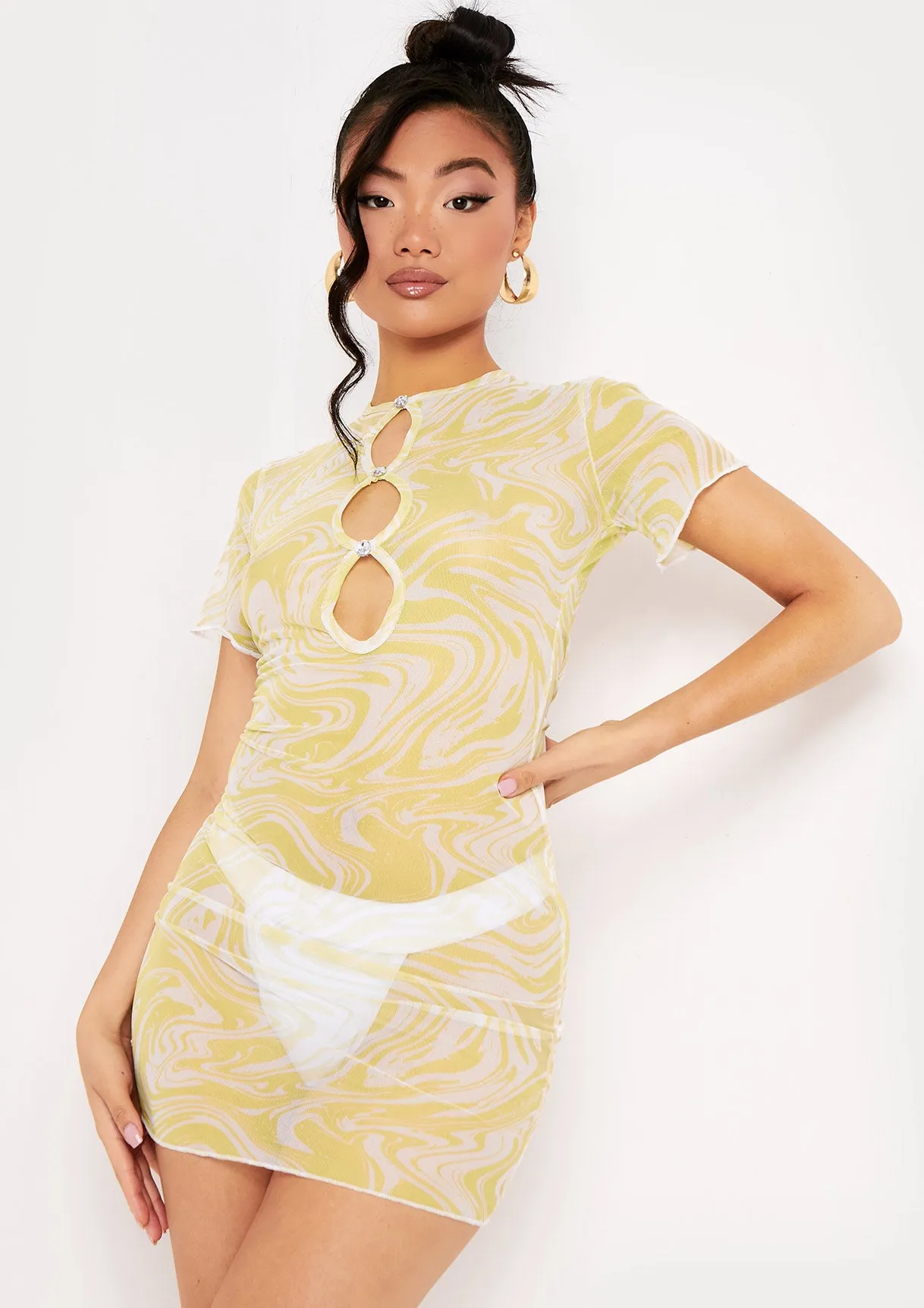 Sian Lime Printed Mesh Capped Sleeve Backless Mini Dress