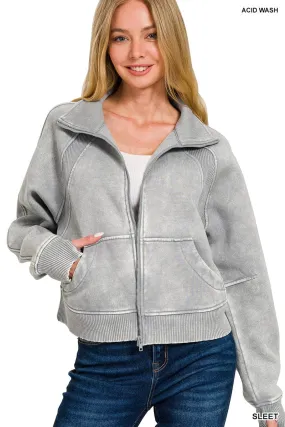 Sleet Acid Wash Zip Up Fleece Jacket