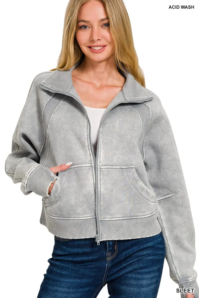 Sleet Acid Wash Zip Up Fleece Jacket