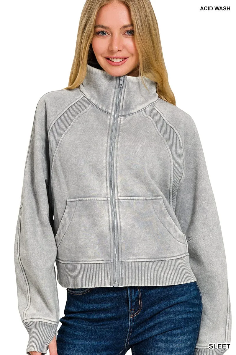 Sleet Acid Wash Zip Up Fleece Jacket