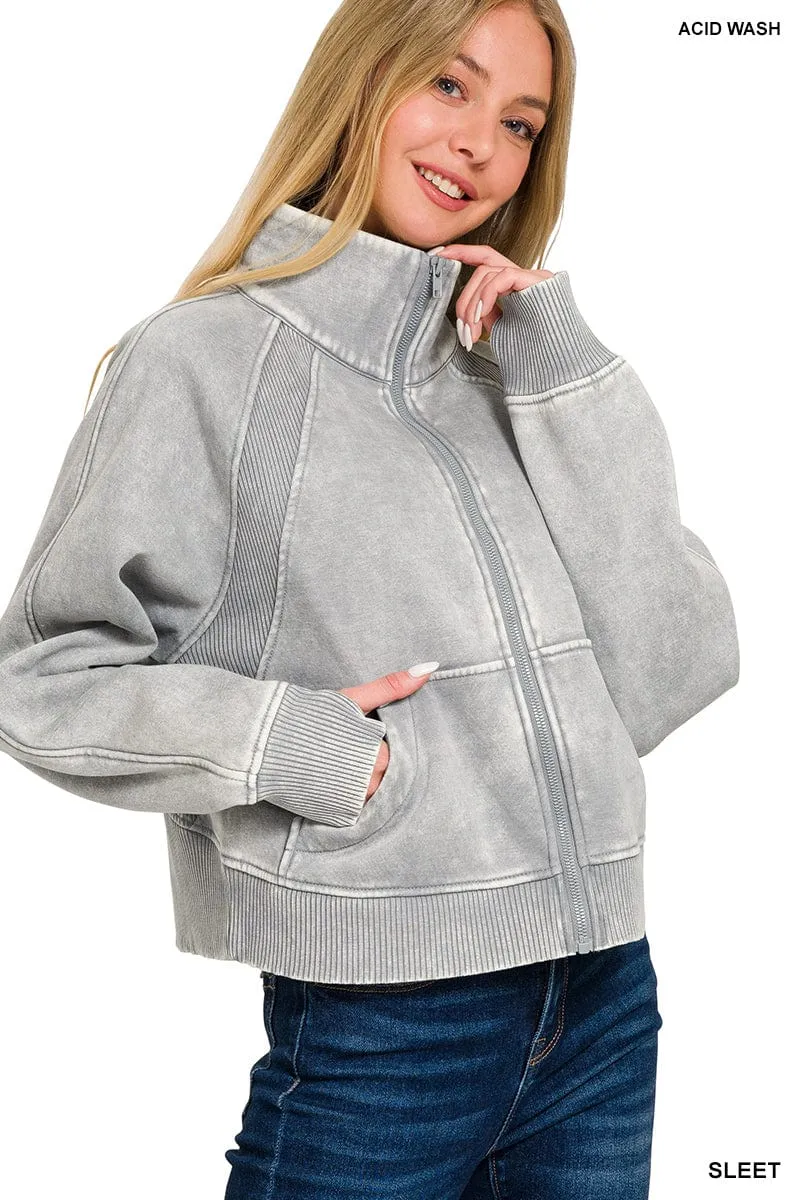 Sleet Acid Wash Zip Up Fleece Jacket